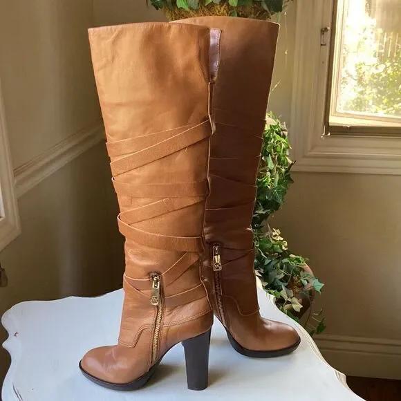 Michael Michael Kors Greenwich Belted Knee High Tan Wrapped Leather Boots Sz 5.5 - Picture 4 of 16
